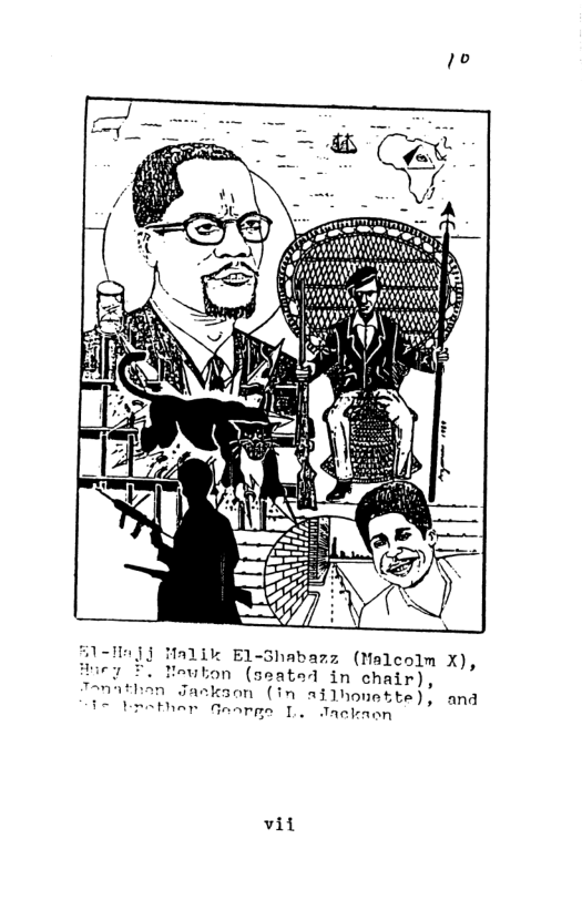 I Alik E1-Ghabazz (Malcolm X), v kon ated in chair), ailhonette), and fnarge L. JTackaon vit